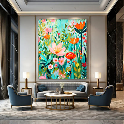 “Flat - Style Floral Field” - Colorful Flat - Design Floral Field Painting On Canvas DKH1595