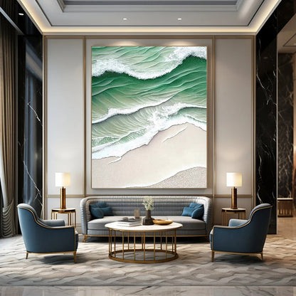 “Green - White Wave Aerial” - Green, White, Beige Coastal Aerial Painting On Canvas DTP290