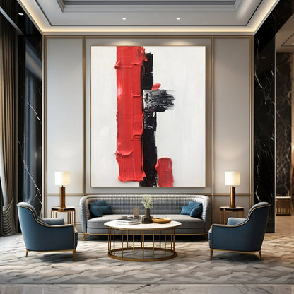 “White, Black, Red Textured Blocks ‘Bold Simplicity’” - Impasto Abstract Painting On Canvas DTP390