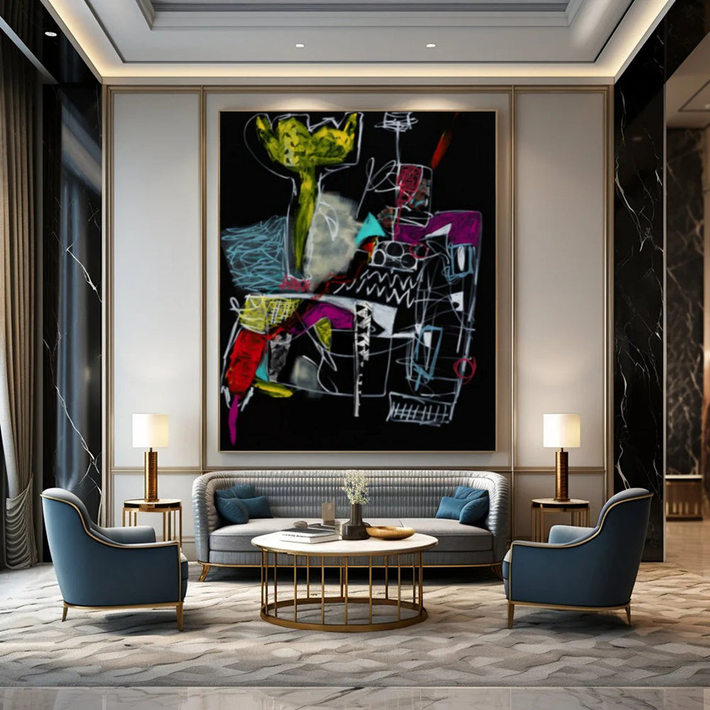 “Dark Abstract Sketch” - Neon, White, Black Expressive Drawing Painting On Canvas DTP294