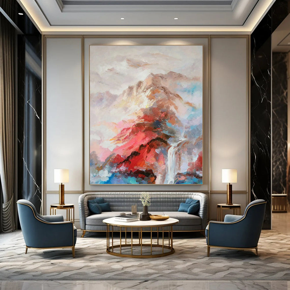 Colorful Mountain and Waterfall Landscape - Expressive Landscape Painting On Canvas DKH1348