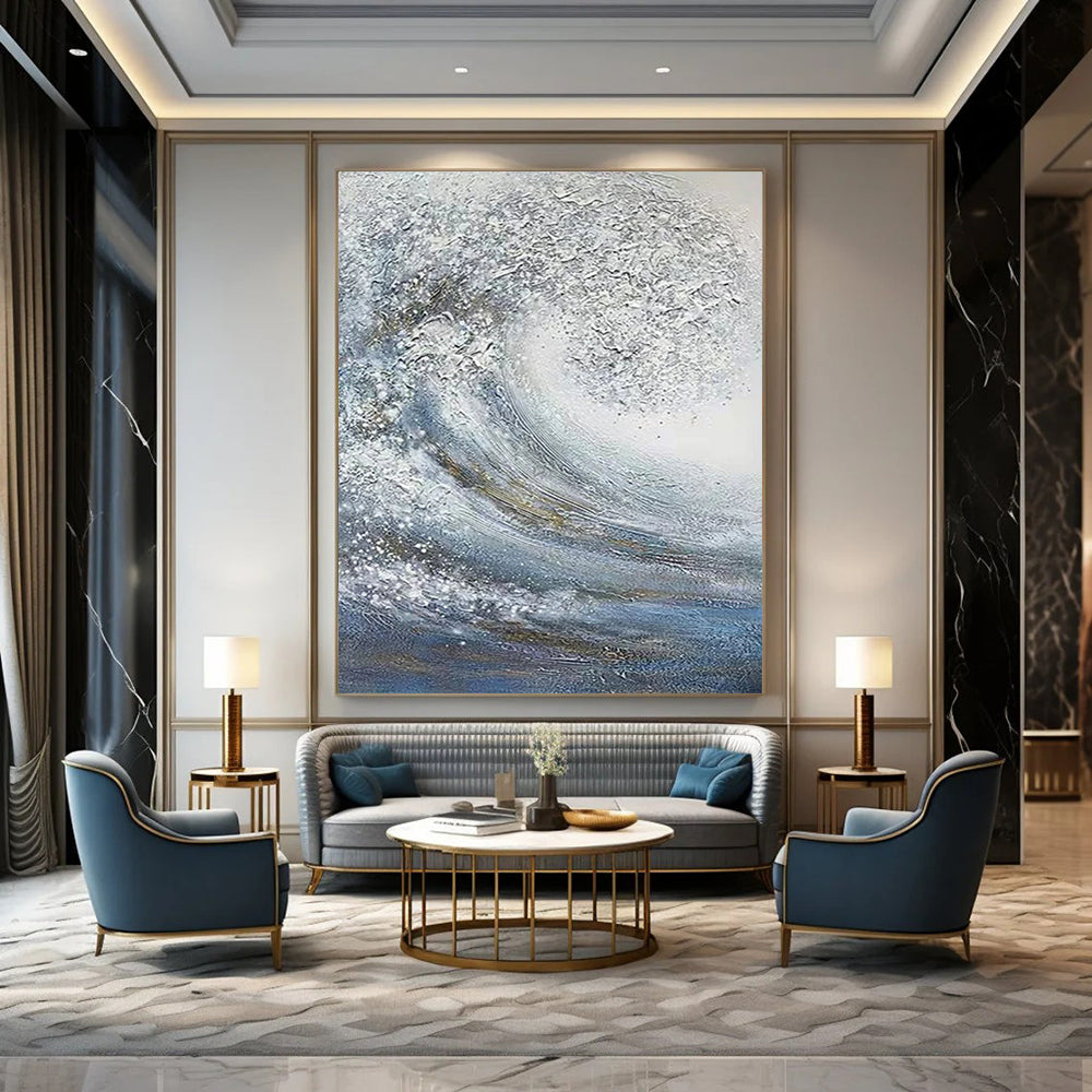 “Blue, White, Gold Swirling Wave ‘Celestial Sea’” - Impasto Sea & Gold Painting On Canvas DTP337