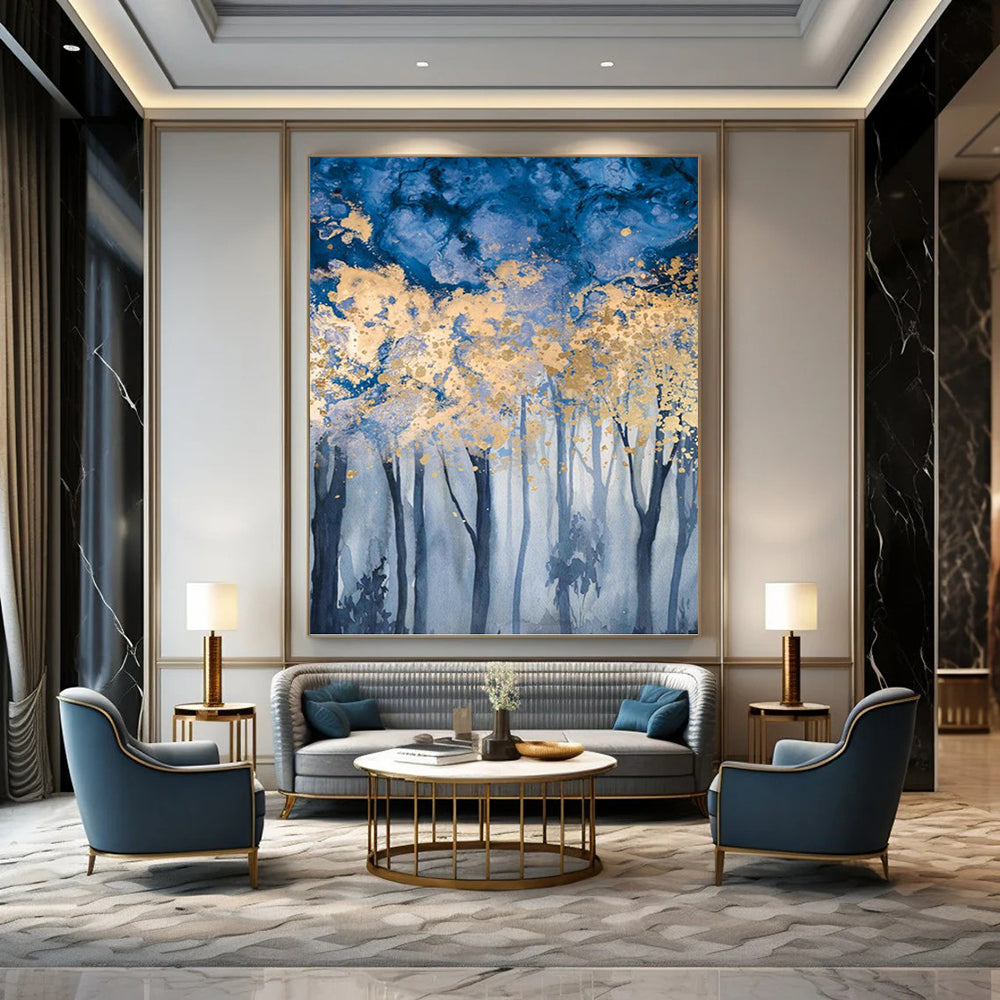 “Blue - Gold Forest Enchantment” - Blue, Gold & Gray Tree - Themed Painting On Canvas DKH0936