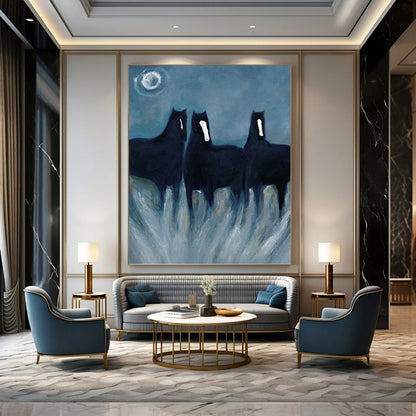 Mystical Black Horses in Tall Grass - Equine Painting On Canvas DKH1444