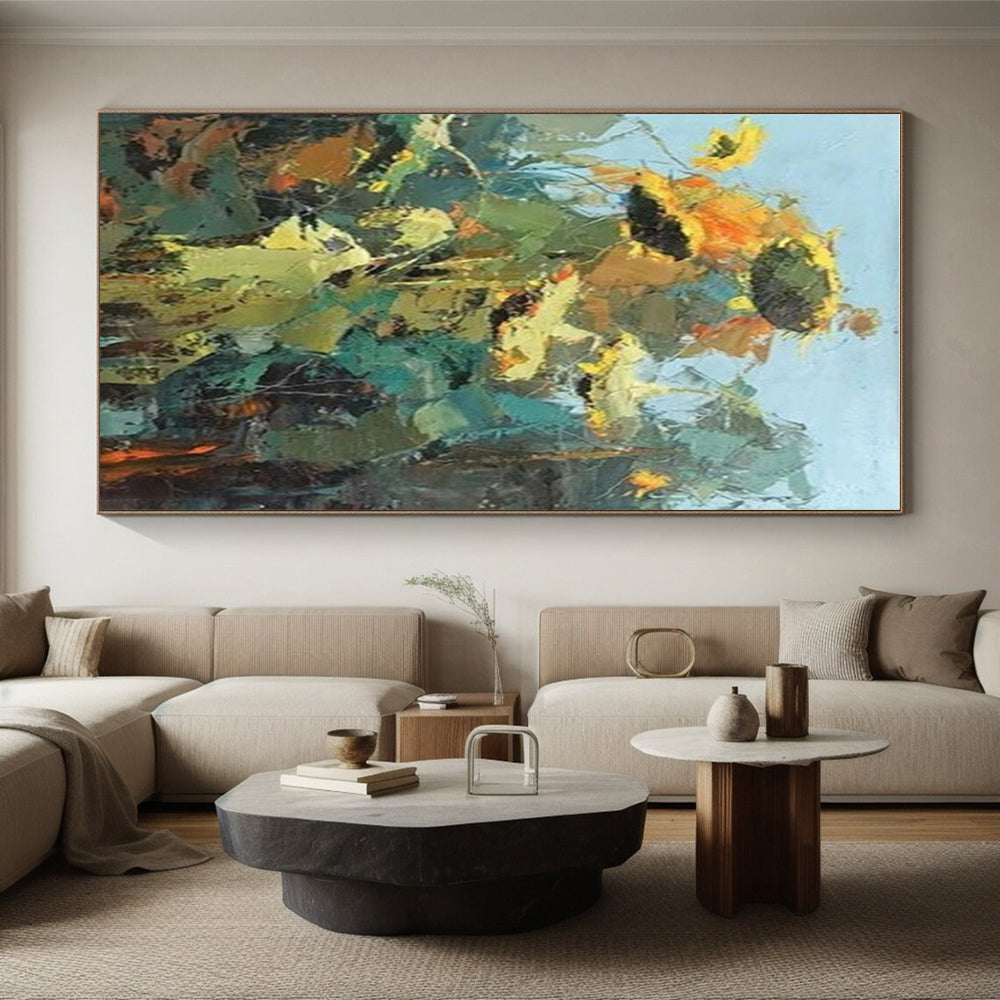 Impasto Sunflower Blooms, “Sunflower Symphony” - Impressionistic Abstract Oil Painting CT0732