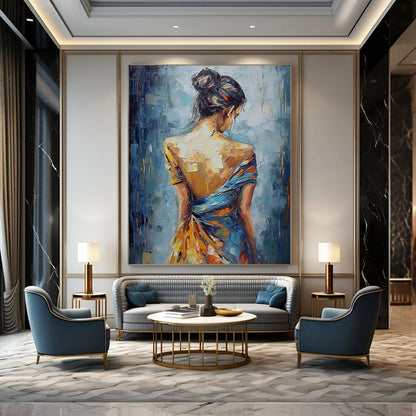“Back View of Colorful - Dressed Woman” – Impressionistic Figure Oil Painting On Canvas CT2137