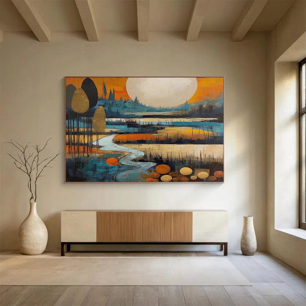 “Stylized Moonlit River” Cubist Landscape Painting On Canvas DLZ086