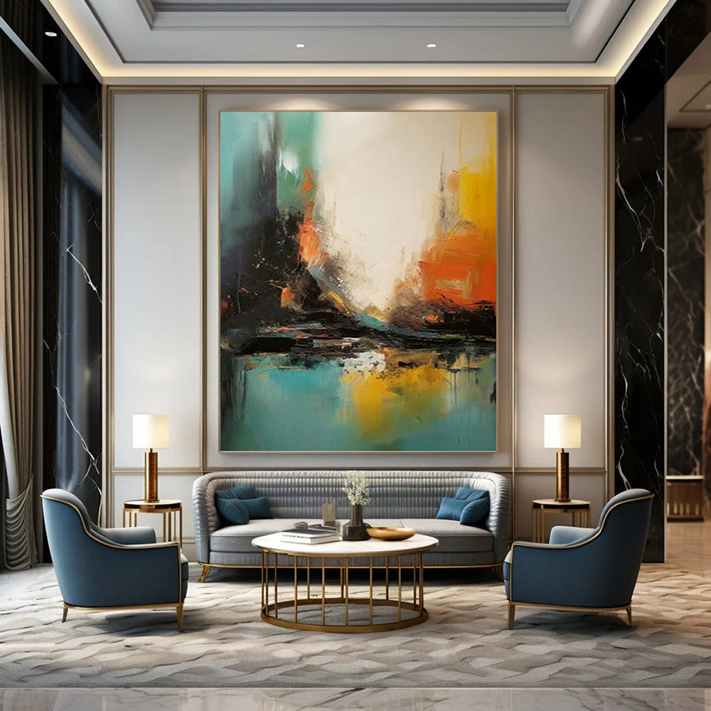 “Vibrant Urban Impression” - Blue, Yellow & Orange Cityscape - Inspired Painting On Canvas DKH0928