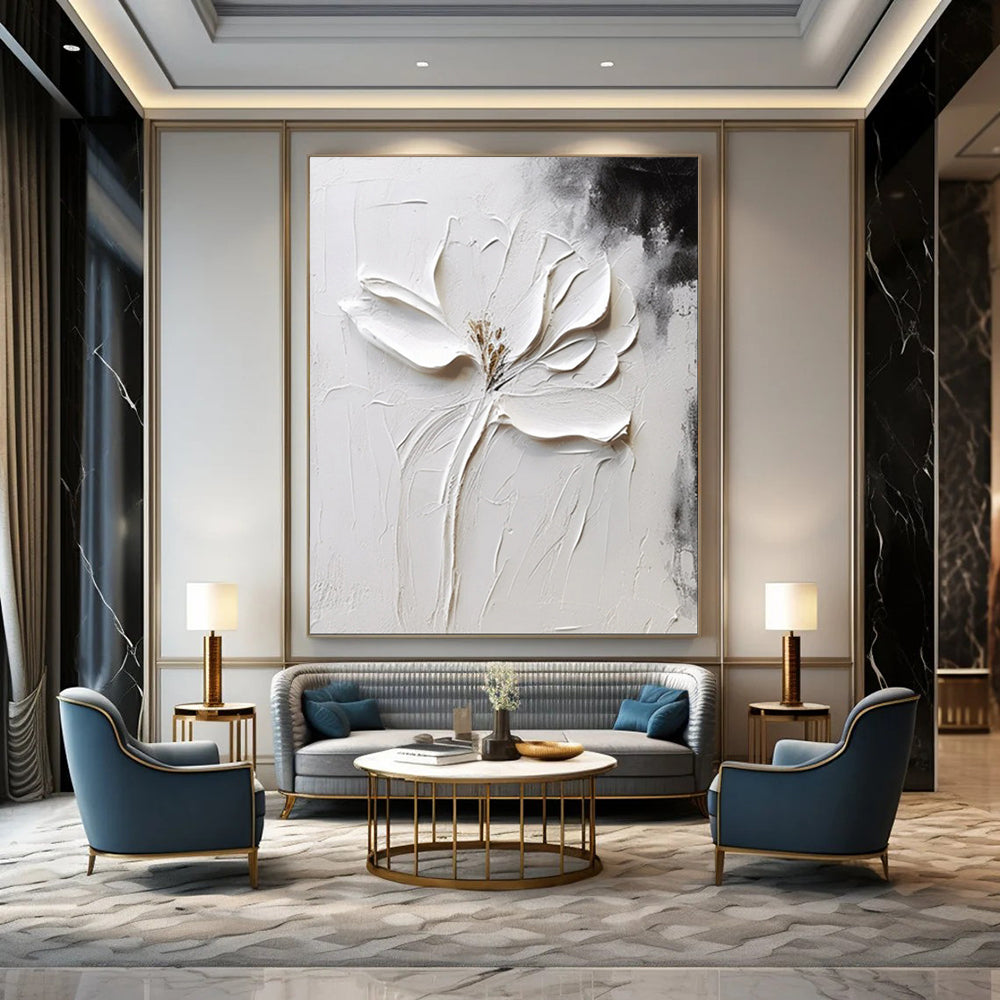 “Sculpted White Flower on Textured Canvas” – Impasto Floral Painting On Canvas CT2106