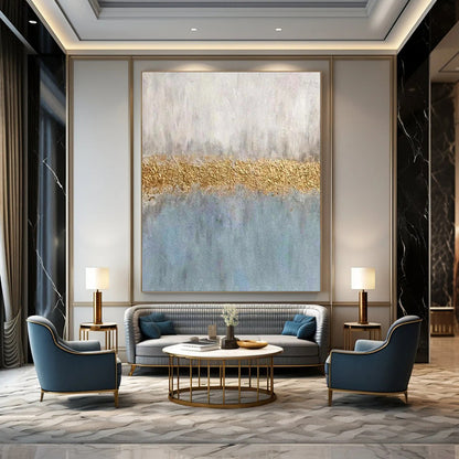 “Gray - Blue & Gold Horizon” - Minimalist Textured Abstract on Canvas CT1885
