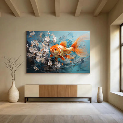 “Goldfish Among White Blossoms” - Blue, Orange, White Realistic Figurative Painting On Canvas DKH764