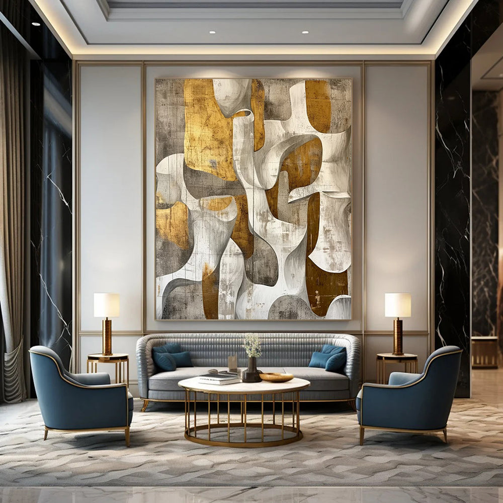 “Gold - Gray Abstract Shapes” - Modernist Impasto Painting On Canvas DTP011