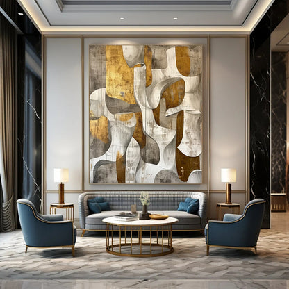 “Gold - Gray Abstract Shapes” - Modernist Impasto Painting On Canvas DTP011