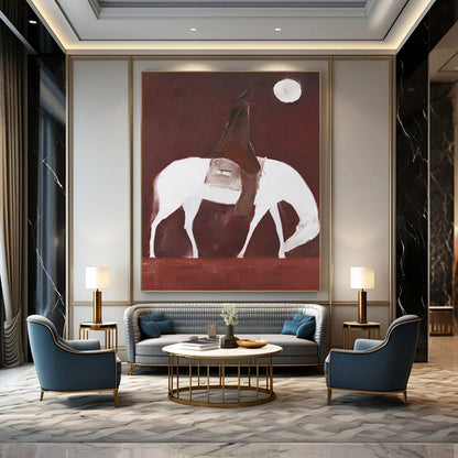 Rider on White Horse Under Red Sky and Moon - Equine Painting On Canvas DKH1425