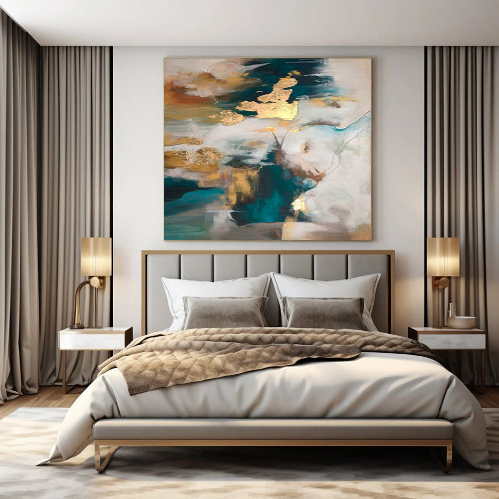 “Teal - Gold - White Abstract Clouds” – Abstract Cloud - like Art CT1002