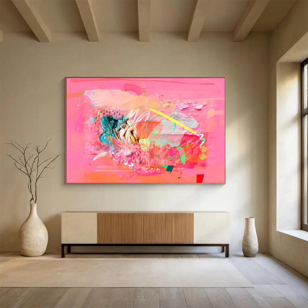 “Pink - Based Abstract Collage - Textured Layers and Colorful Accents” Painting On Canvas DKH028