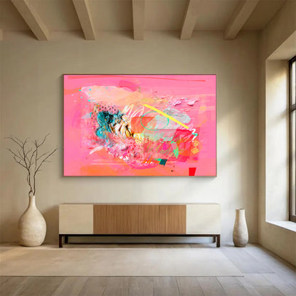 “Pink - Based Abstract Collage - Textured Layers and Colorful Accents” Painting On Canvas DKH028