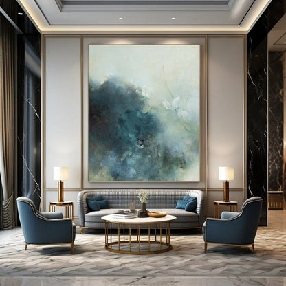 “Soft Blue - Gray Floral Mist” - Blue, Gray & White Abstract Flower Painting On Canvas DKH0948