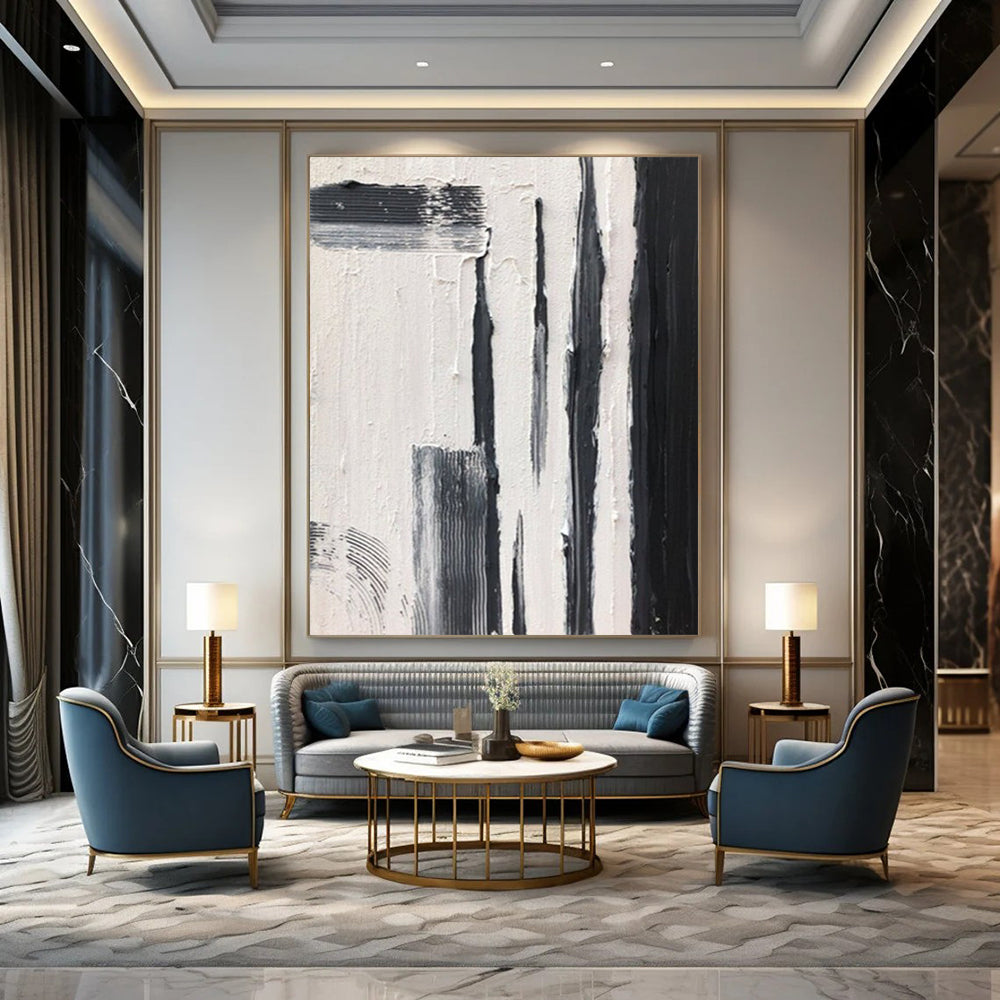 “Black, White, Gray Textured Strokes ‘Urban Pulse’” - Impasto Abstract Painting On Canvas DTP367