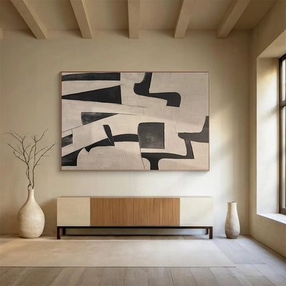 Black and White Geometric Abstract “Bold Geometric Contrast” Painting On Canvas DKH085