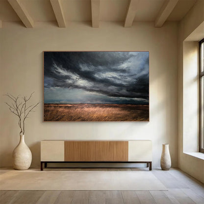 “Stormy Gray Sky Over Golden Fields” - Dramatic Landscape Painting On Canvas DKH772