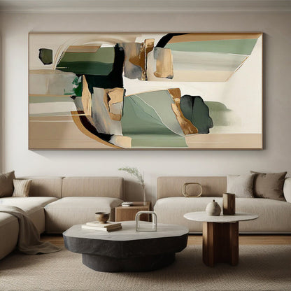 Green, Beige & Gold Geometric Forms, “Elegant Abstraction” - Mixed - Media Abstract Painting CT0764