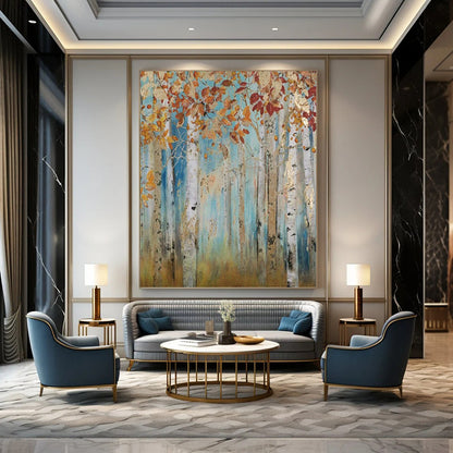 Autumn Birch Forest with Gold Accents - Landscape Painting On Canvas DKH1437