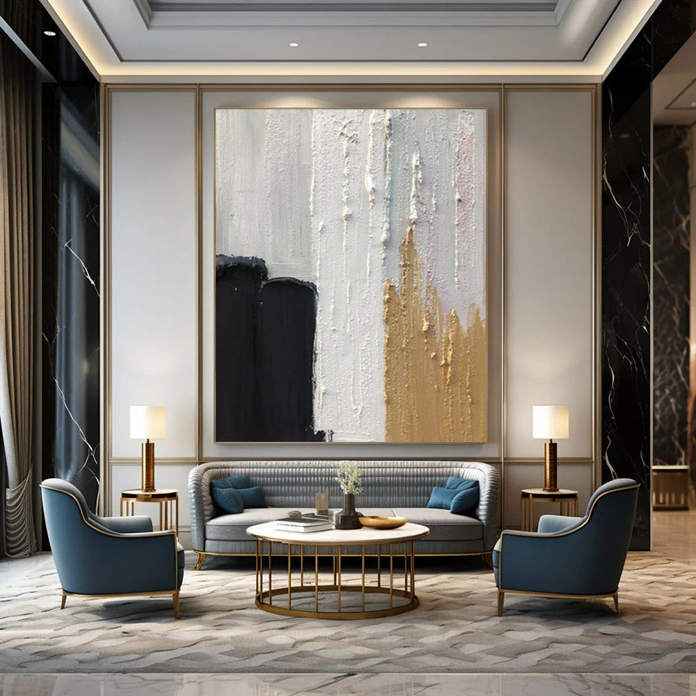 “Black, White, Gold Swirl ‘Elegant Energy’” - Abstract Impasto Painting On Canvas DTP397