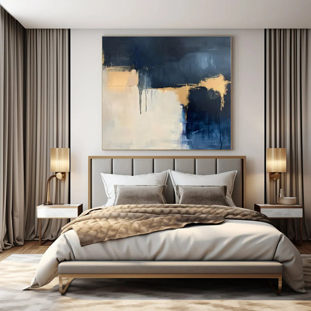 Navy, Gold & White Layers - Abstract Expressionist Acrylic On Canvas CT1310