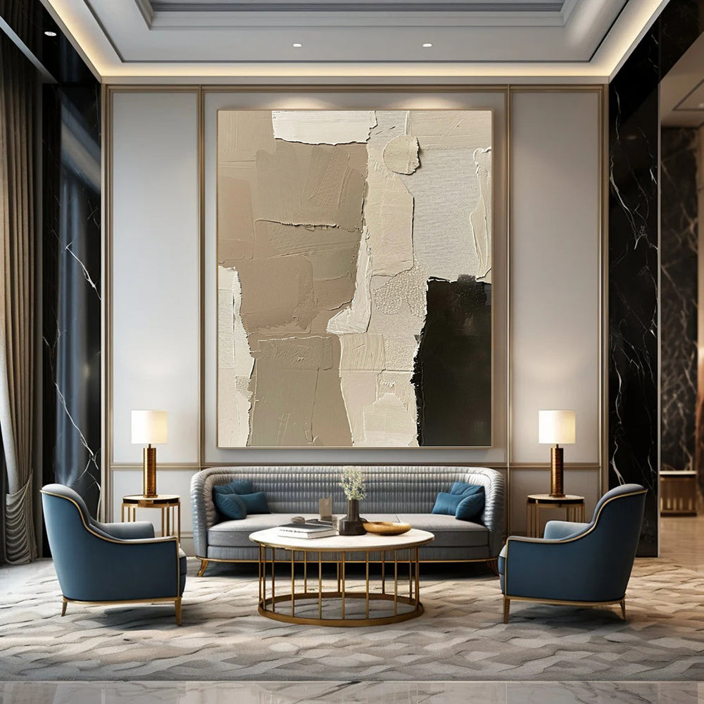 “Neutral Patchwork” - Beige & Black Layered Textures Painting On Canvas DKH1161