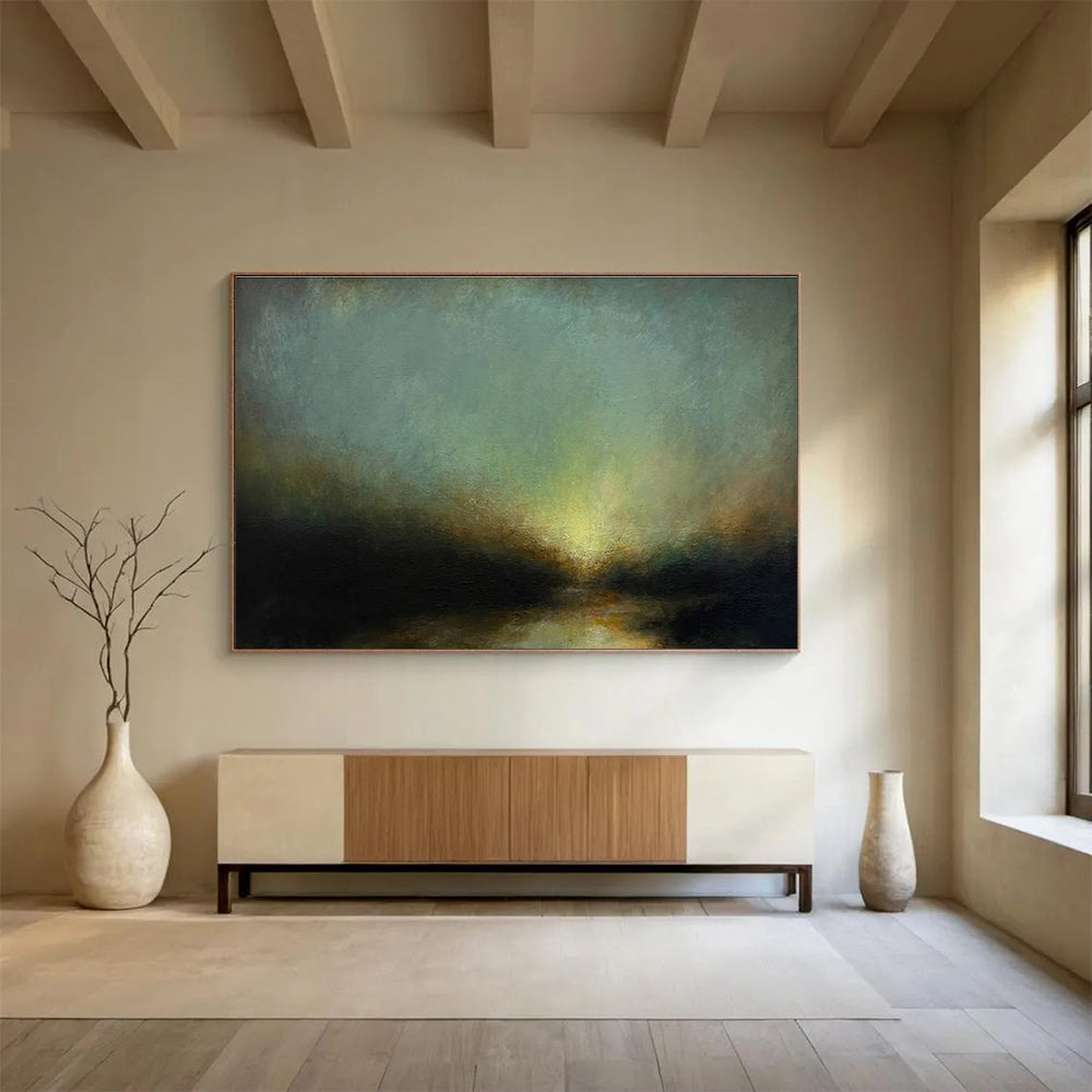 “Moody Green Sky Abstract River” - Atmospheric Landscape Painting On Canvas DKH777