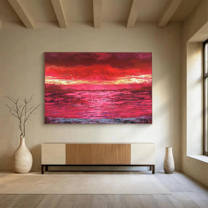 Red Sunset Over Water Painting On Canvas DKH191