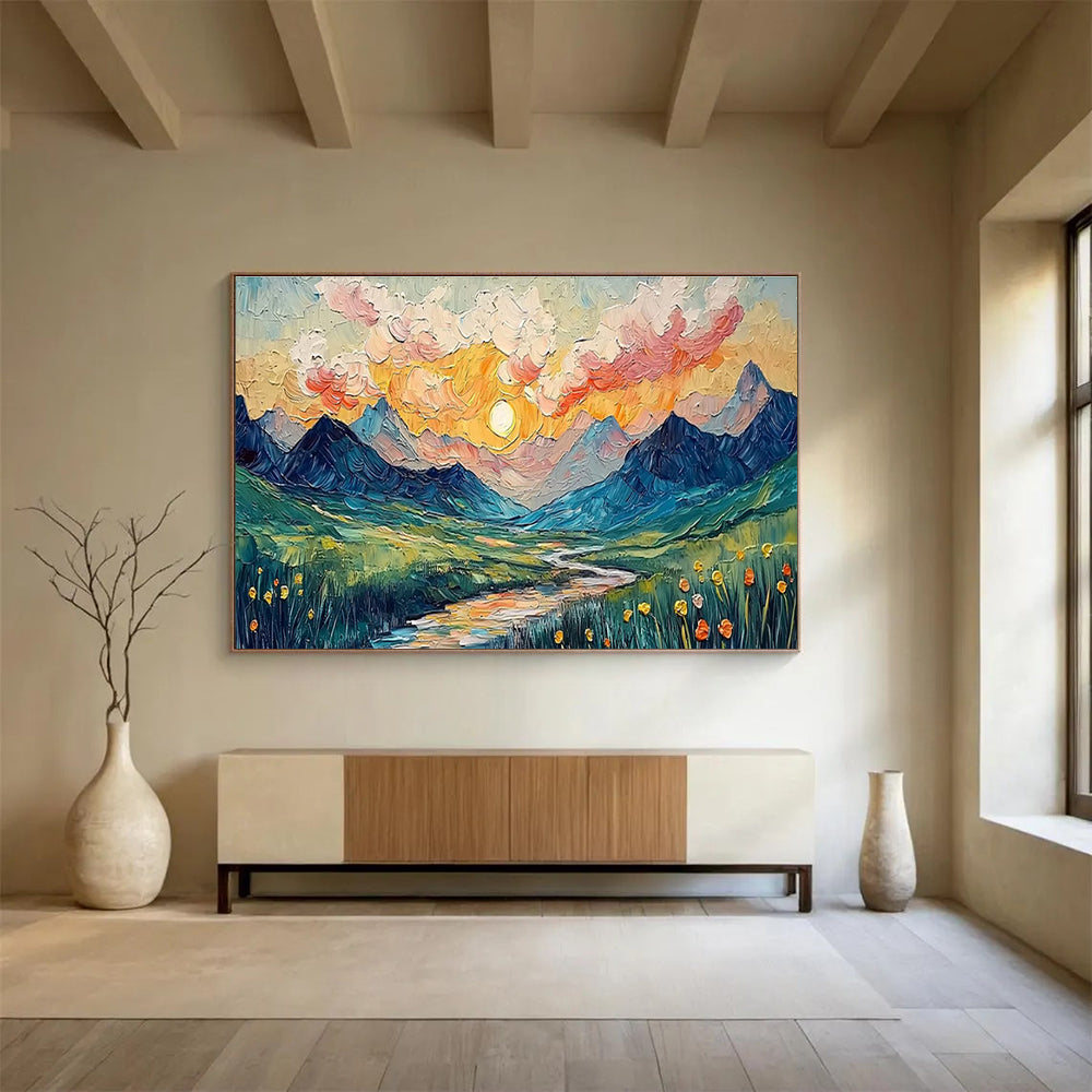 “Impasto Mountain Sunset” - Textured Landscape Painting On Canvas DKH856