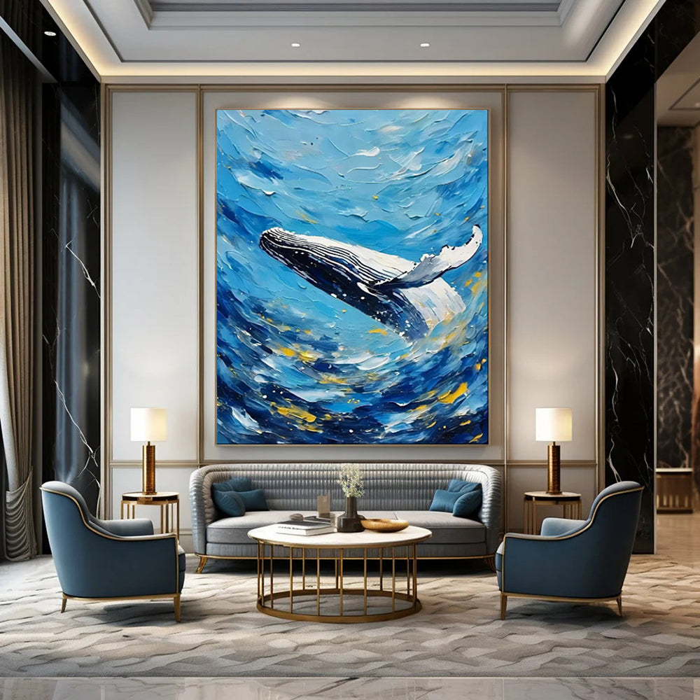 “Whale’s Leap: Textured Ocean in Blue & Gold” - Impasto Marine Oil on Canvas CT1881