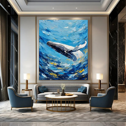 “Whale’s Leap: Textured Ocean in Blue & Gold” - Impasto Marine Oil on Canvas CT1881