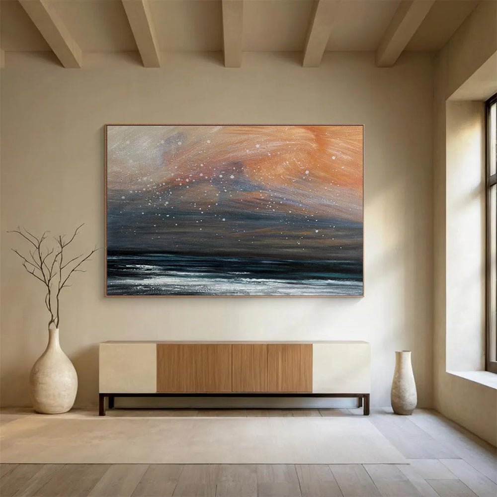 Orange and Gray Starry Shore “Dusk Sky Beach” Painting On Canvas DKH110
