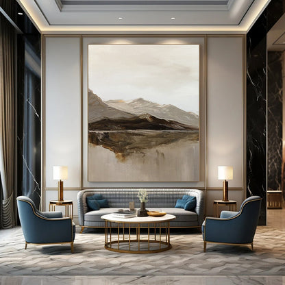 “Gray, Brown, White Mountain Reflection ‘Nature’s Mirror’” - Impasto Landscape Painting On Canvas DTP358