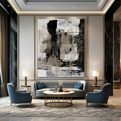 “Monochrome Abstract Layers” - Black, White & Beige Textured Painting On Canvas DKH0967