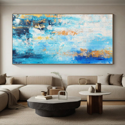 “Azure Gold Streaks” - Abstract Art with Blue, White, Gold Accents CT0015