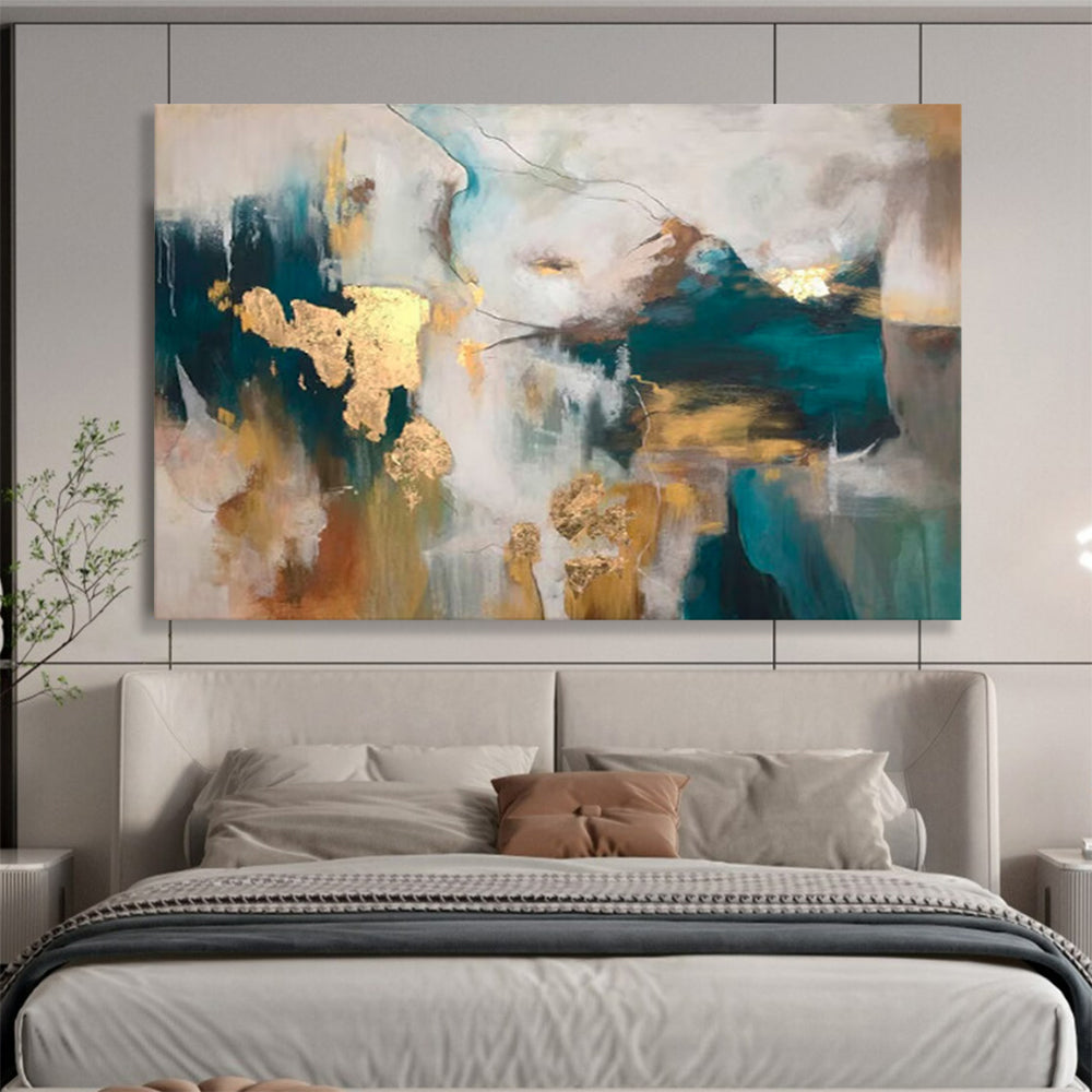 “Teal - Gold Abstract Fusion” - Teals, golds, whites; bold, textured abstraction with metallic flakes CT1632