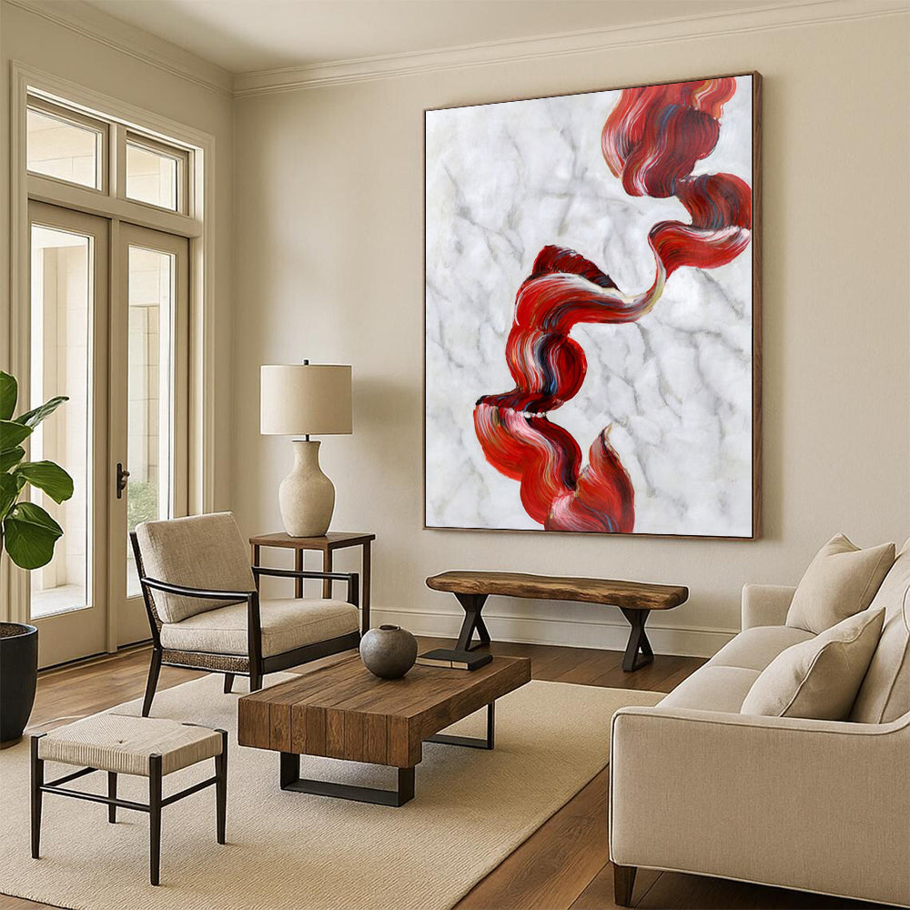 “Flowing Red - White Marble Ribbons” Abstract Acrylic Art CT0307