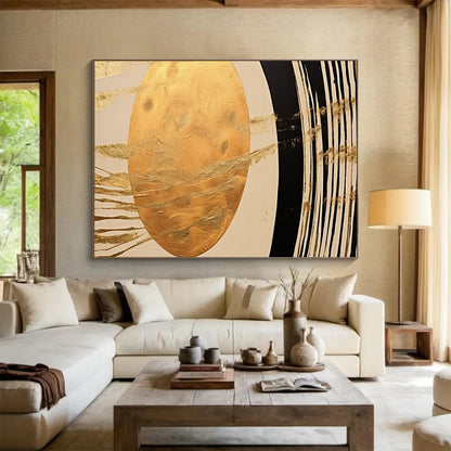 “Golden Orb & Stripes” – Abstract Minimalist Acrylic Painting CT1712
