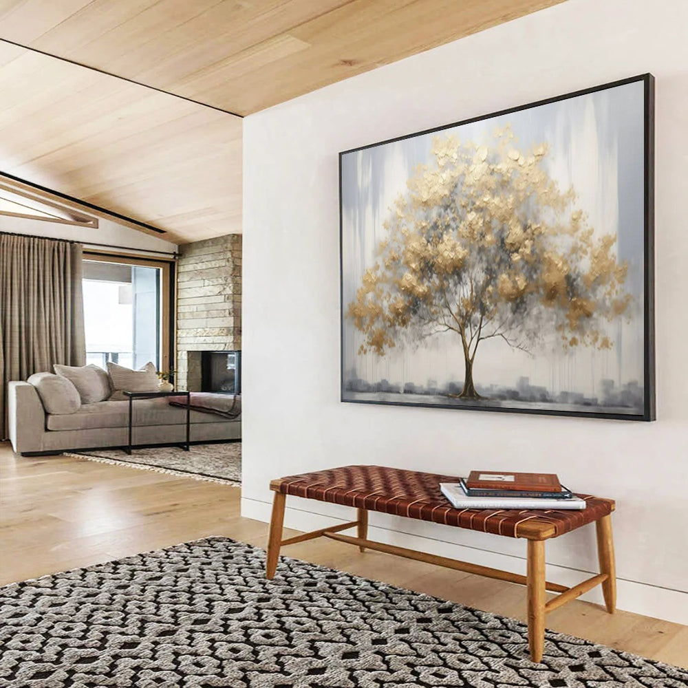 “Urban Gold Tree” - Golds, grays; textured tree with a cityscape backdrop CT1621