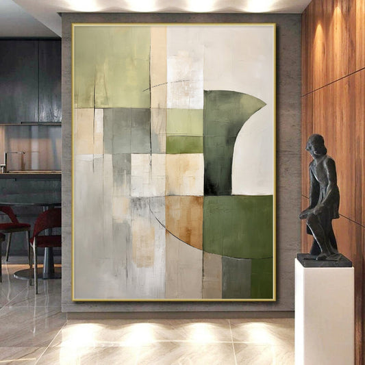 “Green - Beige Geometric Harmony” - Abstract Geometric Painting CT0394