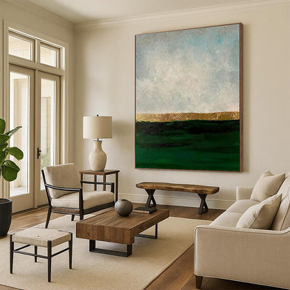 “Gold - Green - Grey Sea Horizon”，Minimalist Seascape Art CT0644