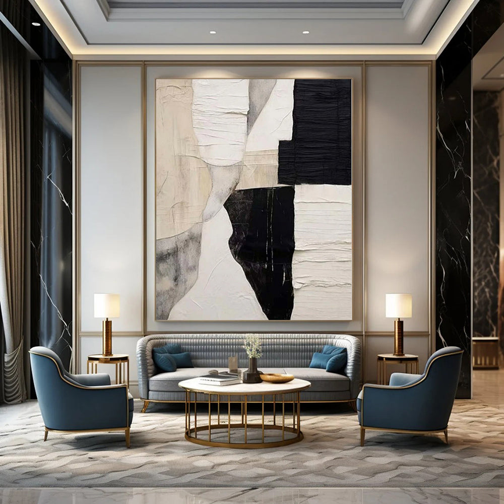 “Black - White - Beige Textured Collage” Mixed - Media Work CT0157