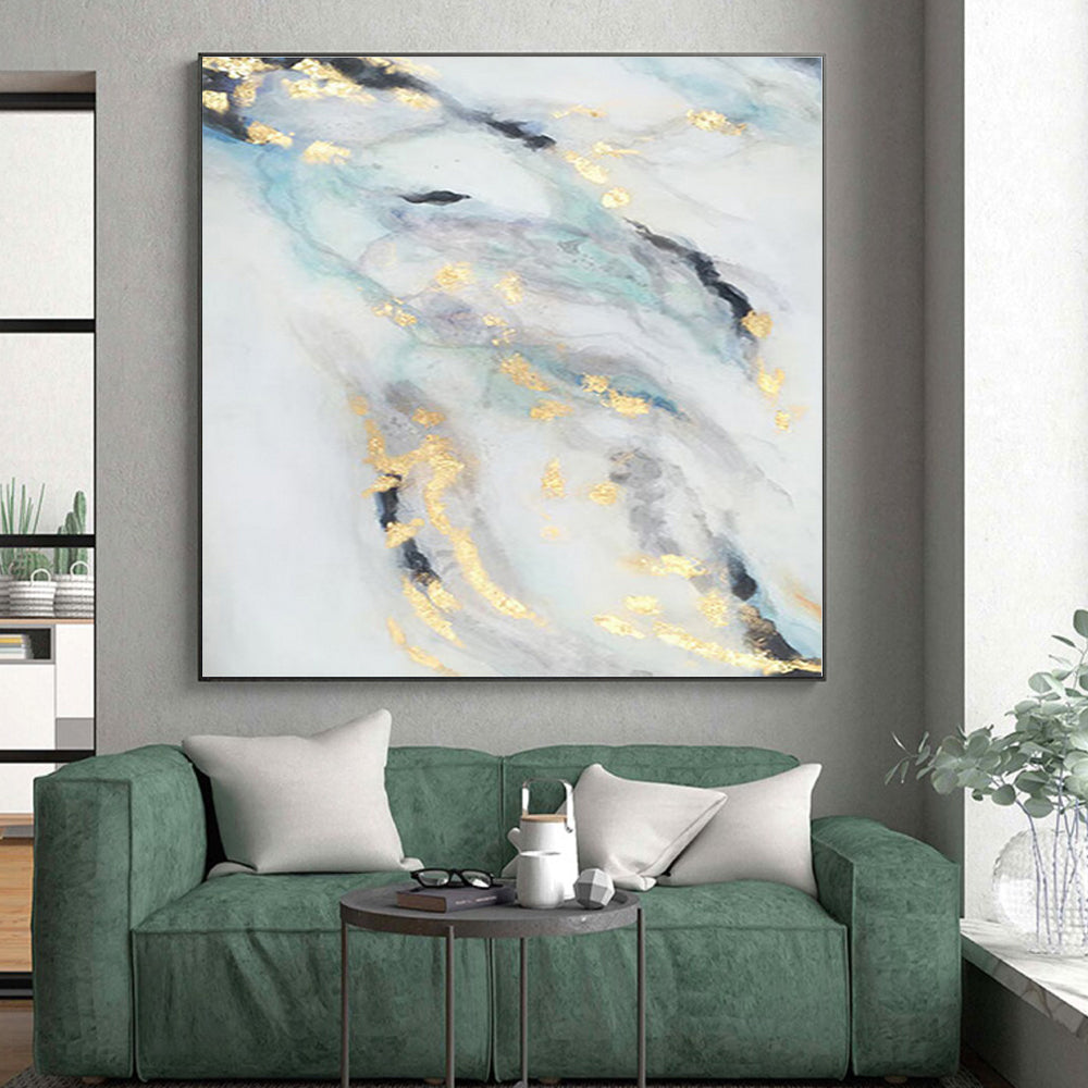 “Gold - Blue - Gray Flowing Abstraction” - Abstract Expressionist Art CT0428