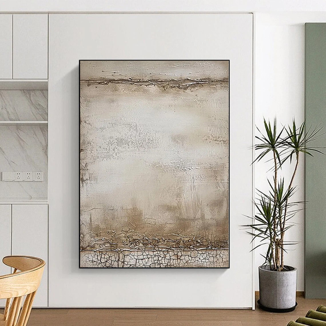 “Crackled Beige Canvas” - Abstract Painting with Textured, Crackled Beige CT0083