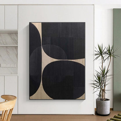 “Black and Beige Geometric Forms”，Abstract Minimalist Acrylic Art CT0581