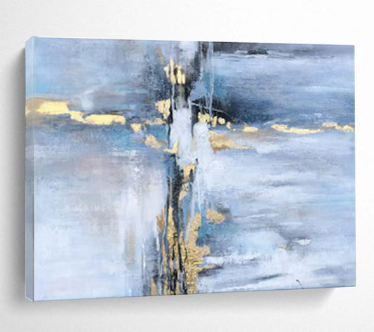 “Blue - Gold Abstract Streaks” - Blues, whites, golds; fluid, streaked abstraction with metallic accents CT1631